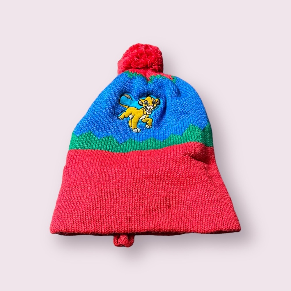 Vintage Toddler Disney Lion King Simba Red Blue Green Pom Pom Winter Knit Hat